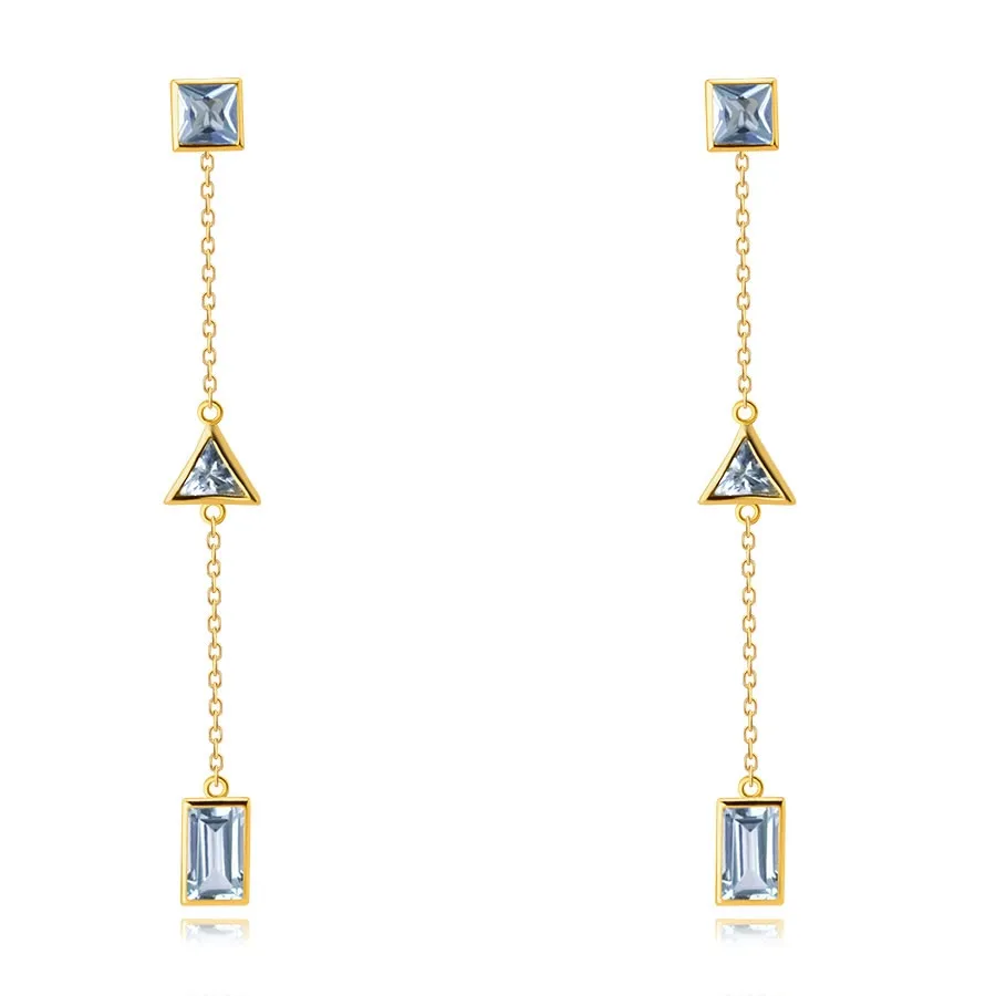 Šperky Eshop - Náušnice zo 14K žltého zlata - krátka retiazka s geometrickými tvarmi, syntetický akvamarín S1GG233.18