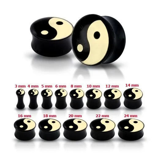 Šperky Eshop - Lesklý čierny plug do ucha so symbolom Jin a Jang P6.7 - Hrúbka: 8 mm