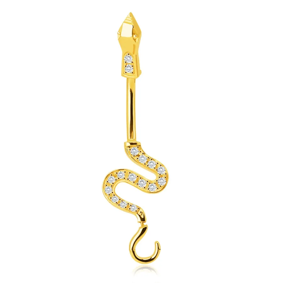 Šperky Eshop - Piercing zo 14K zlata do bruška - lesklý vlniaci sa had, chvost ozdobený ligotavými zirkónmi S1GG234.15